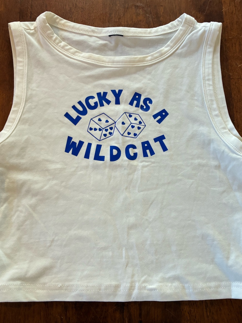 Johnson and Wales White Tank Top with Blue 'Lucky as Wildcat' Dice Graphic